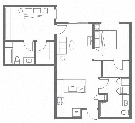 Floor plan for 2 beds, 2 baths, 964 sqft